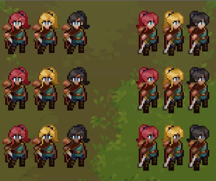 Human character sprites with different hair, skin and clothing colours in Dimraeth