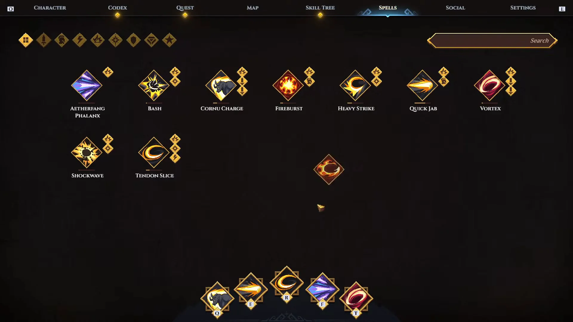 Flaming Strike being dragged from the Spells collection toward the F slot in Dimraeth preview build eDev 0.107.7515