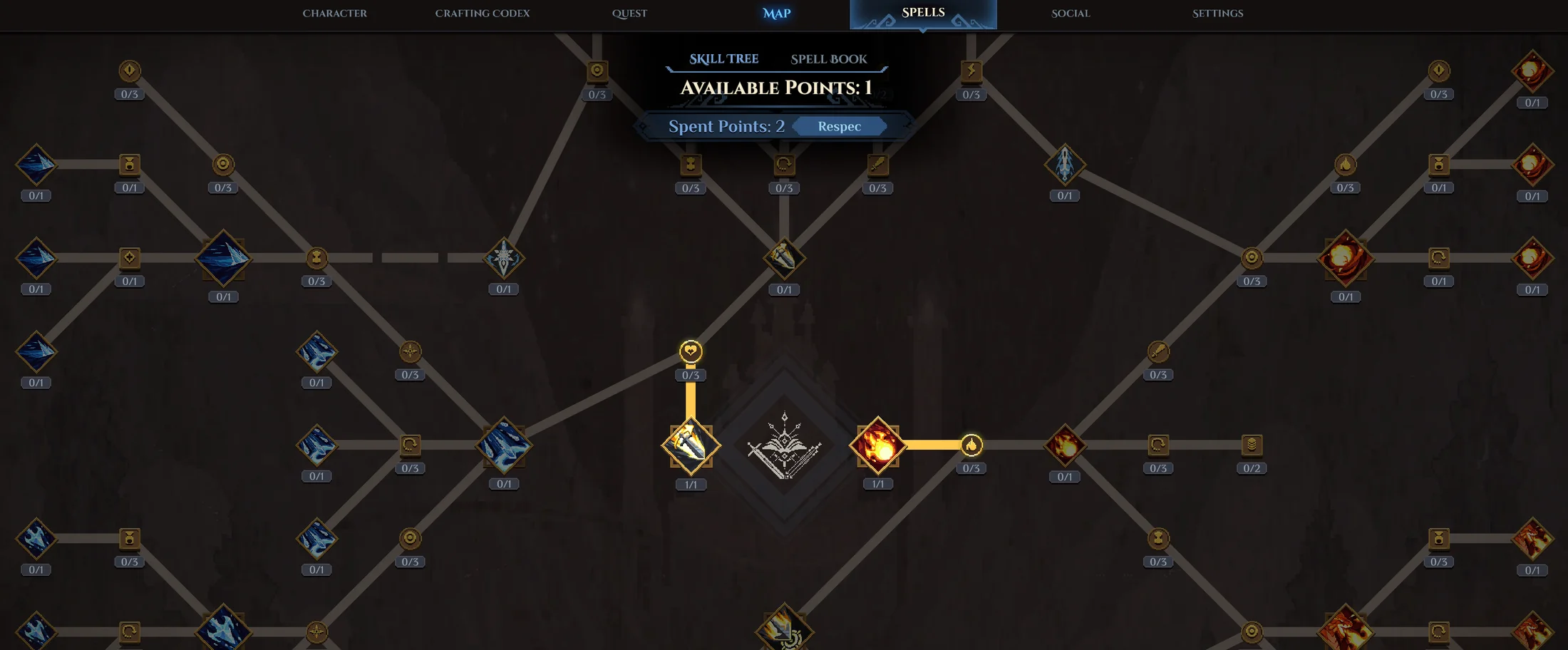 Dimraeth skill tree with spell icons, passive nodes and connected branches in the 2025 interface