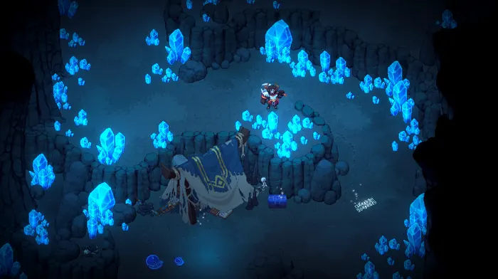 Exploring a crystal cavern in an official Dimraeth screenshot