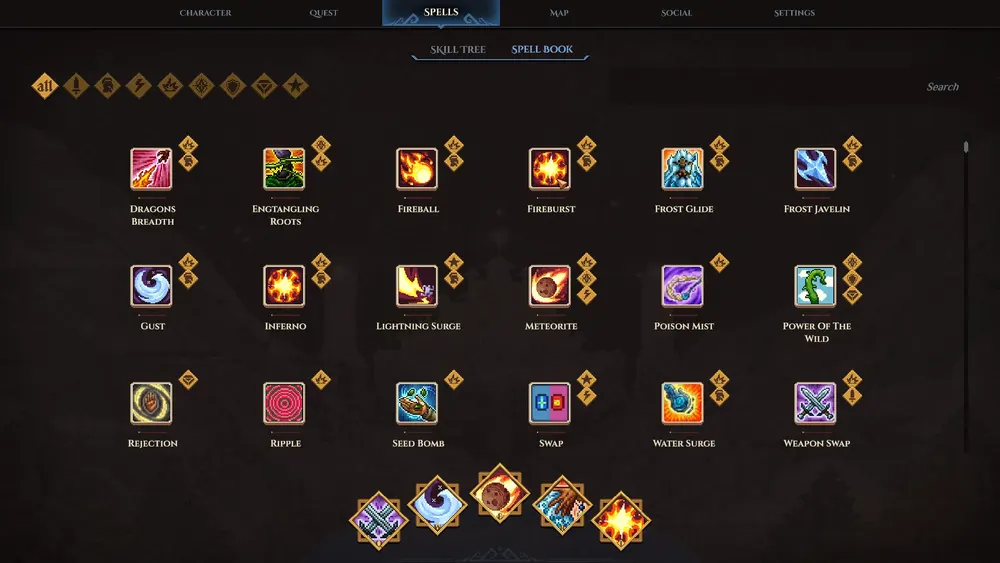 The spellbook and equipped spell slots in a Dimraeth development screenshot
